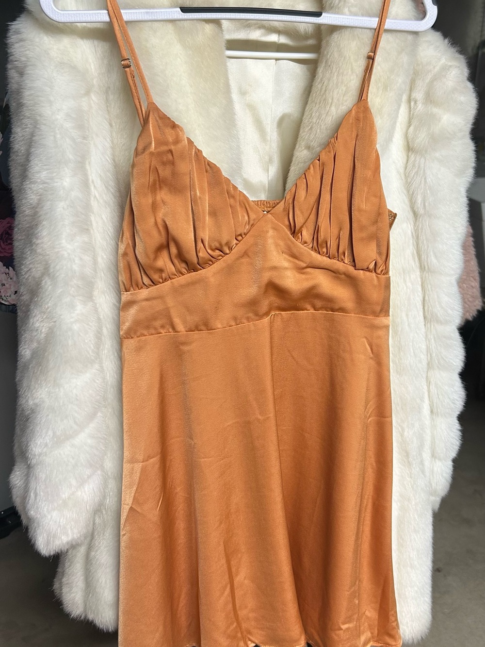 Satin Spaghetti-Strap Mini Dress in Copper Orange